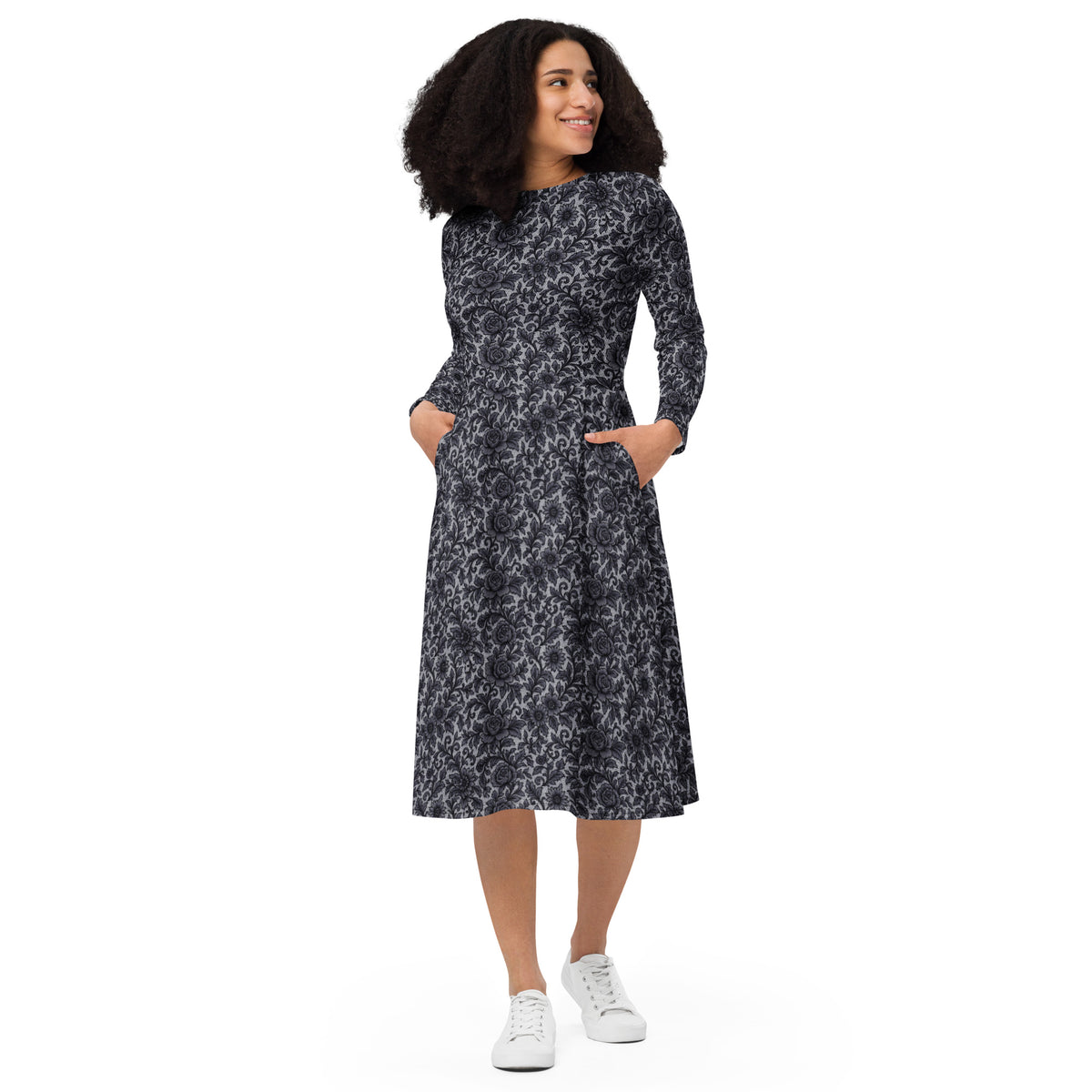 Black Rose Lace pattern on women's long-sleeve midi dress, front view