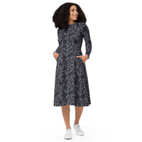 Black Rose Lace pattern on women's long-sleeve midi dress, front view
