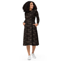 Vampire Bat Skeletons pattern on women's long-sleeve midi dress, front view