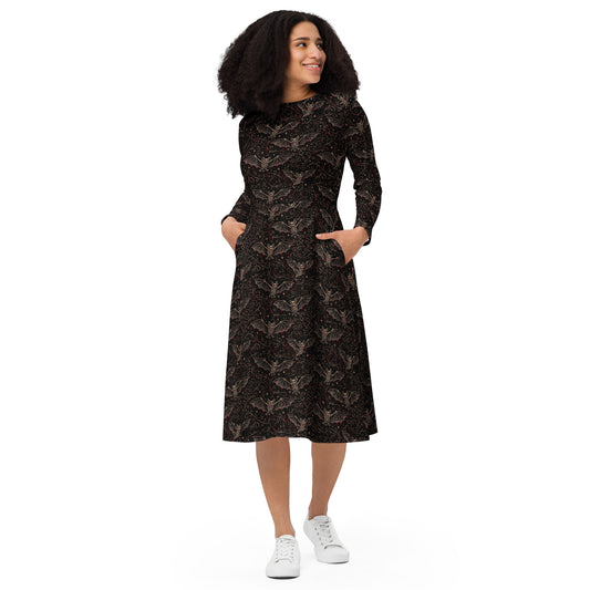 Vampire Bat Skeletons pattern on women's long-sleeve midi dress, front view