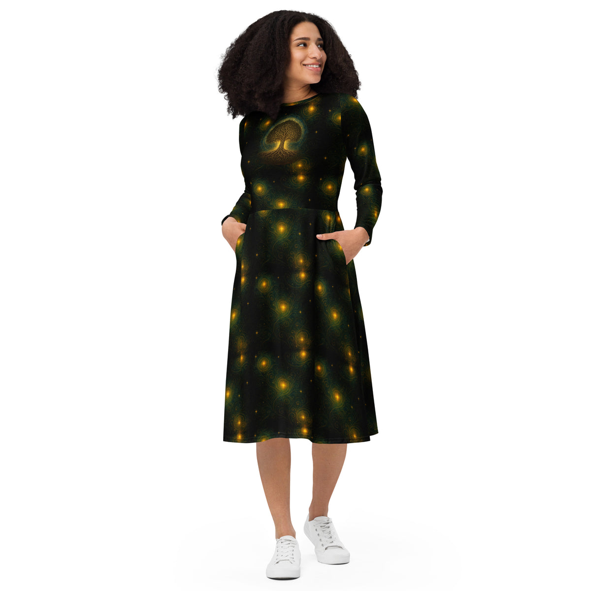 Tree of Life pattern on women's long-sleeve midi dress, front view