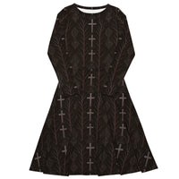 Gothic Cross & Dead Trees pattern on women's long-sleeve midi dress, front view