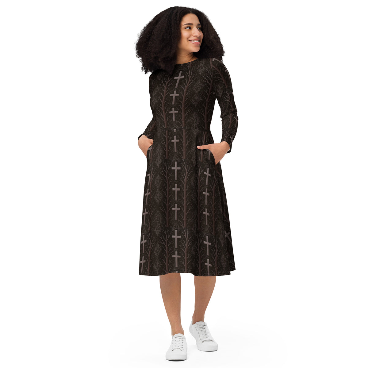 Gothic Cross & Dead Trees pattern on women's long-sleeve midi dress, front view