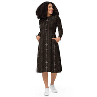 Gothic Cross & Dead Trees pattern on women's long-sleeve midi dress, front view