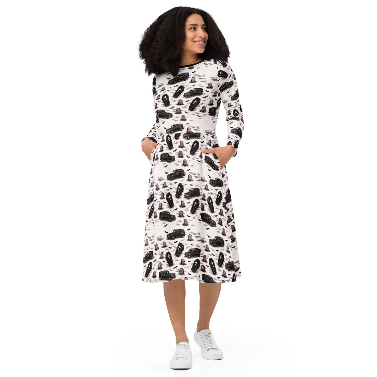 Hearse & Coffin pattern on women's long-sleeve midi dress, front view