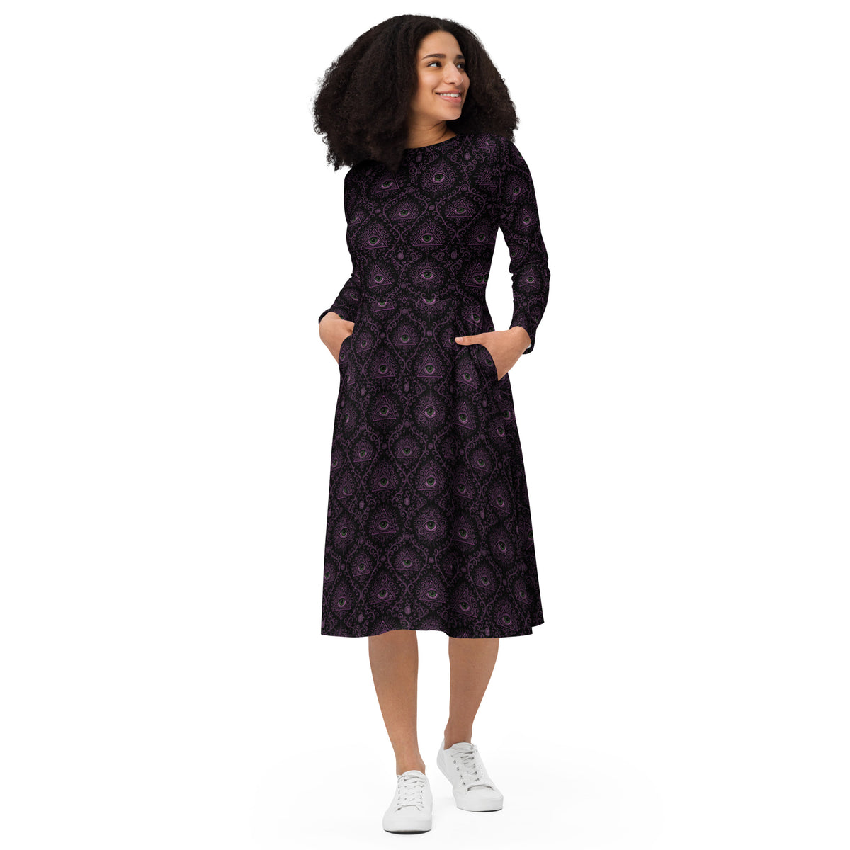 All-Seeing Eye pattern on women's long-sleeve midi dress, front view