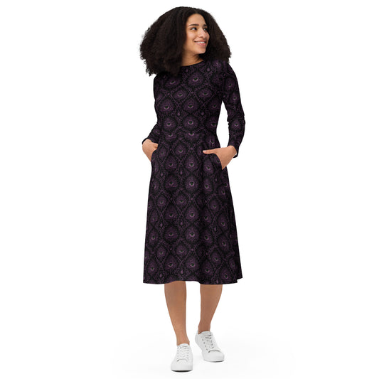 All-Seeing Eye pattern on women's long-sleeve midi dress, front view