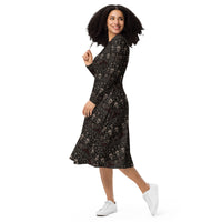 Skulls & Bats Christmas Pattern pattern on women's long-sleeve midi dress, left-front view