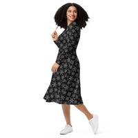 Gothic Snowflakes pattern on women's long-sleeve midi dress, left-front view