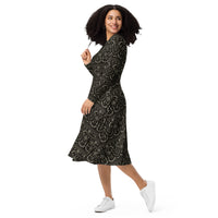 Krampus Christmas Pattern pattern on women's long-sleeve midi dress, left-front view
