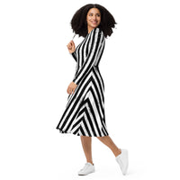 Distressed Vertical Stripes pattern on women's long-sleeve midi dress, left-front view