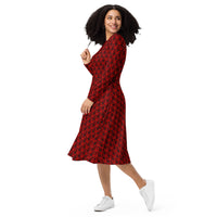 Red Haunted Mansion pattern on women's long-sleeve midi dress, left-front view