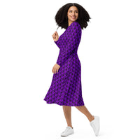 Purple Haunted Mansion pattern on women's long-sleeve midi dress, left-front view