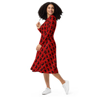 Red Krampus pattern on women's long-sleeve midi dress, left-front view