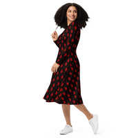 Black Krampus pattern on women's long-sleeve midi dress, left-front view