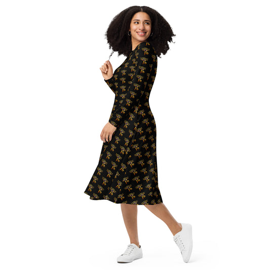 Eye of Ra pattern on women's long-sleeve midi dress, left-front view