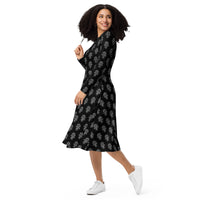 Egyptian Ankh pattern on women's long-sleeve midi dress, left-front view