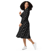 8 Ball Billiards pattern on women's long-sleeve midi dress, left-front view