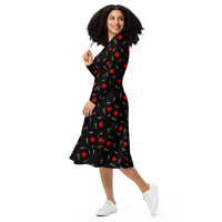 Classic Horror Weapons pattern on women's long-sleeve midi dress, left-front view