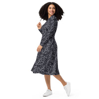 Black Rose Lace pattern on women's long-sleeve midi dress, left-front view
