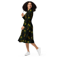 Tree of Life pattern on women's long-sleeve midi dress, left-front view