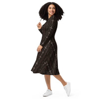 Gothic Cross & Dead Trees pattern on women's long-sleeve midi dress, left-front view