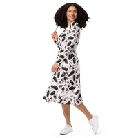 Hearse & Coffin pattern on women's long-sleeve midi dress, left-front view