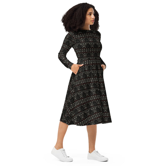 Gothic Christmas Tree pattern on women's long-sleeve midi dress, right-front view