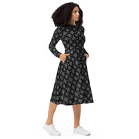 Gothic Snowflakes pattern on women's long-sleeve midi dress, right-front view