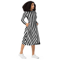 Distressed Vertical Stripes pattern on women's long-sleeve midi dress, right-front view