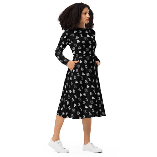 Viking Runes & Norse Symbols pattern on women's long-sleeve midi dress, right-front view
