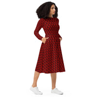 Red Haunted Mansion pattern on women's long-sleeve midi dress, right-front view