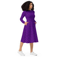 Purple Haunted Mansion pattern on women's long-sleeve midi dress, right-front view