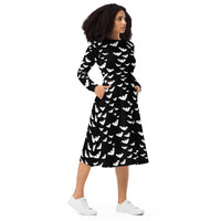 Flying Vampire Bats pattern on women's long-sleeve midi dress, right-front view
