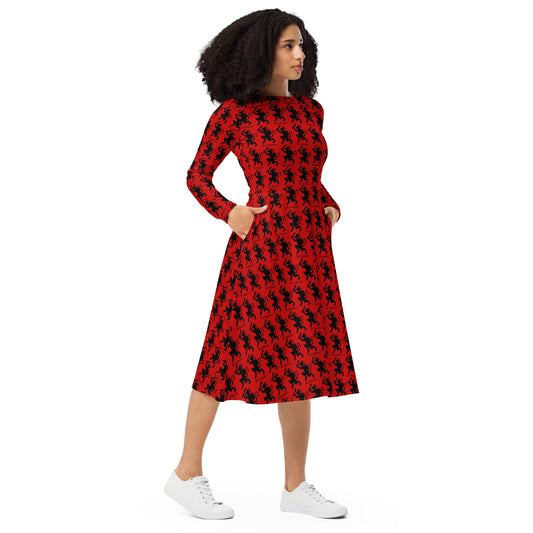 Red Krampus pattern on women's long-sleeve midi dress, right-front view