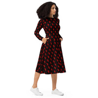 Black Krampus pattern on women's long-sleeve midi dress, right-front view