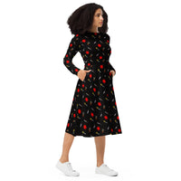 Classic Horror Weapons pattern on women's long-sleeve midi dress, right-front view