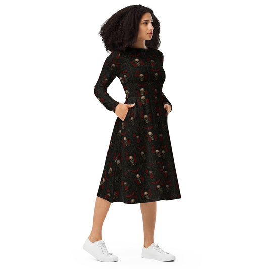 Skulls Bats Roses & Ravens pattern on women's long-sleeve midi dress, right-front view