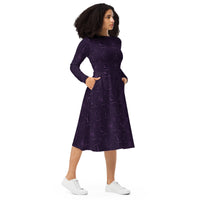Purple Tarot Cards pattern on women's long-sleeve midi dress, right-front view