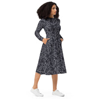 Black Rose Lace pattern on women's long-sleeve midi dress, right-front view