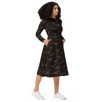 Vampire Bat Skeletons pattern on women's long-sleeve midi dress, right-front view