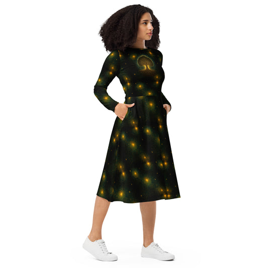 Tree of Life pattern on women's long-sleeve midi dress, right-front view