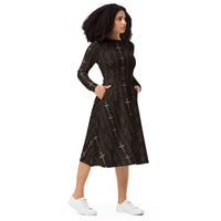 Gothic Cross & Dead Trees pattern on women's long-sleeve midi dress, right-front view