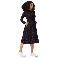 All-Seeing Eye pattern on women's long-sleeve midi dress, right-front view