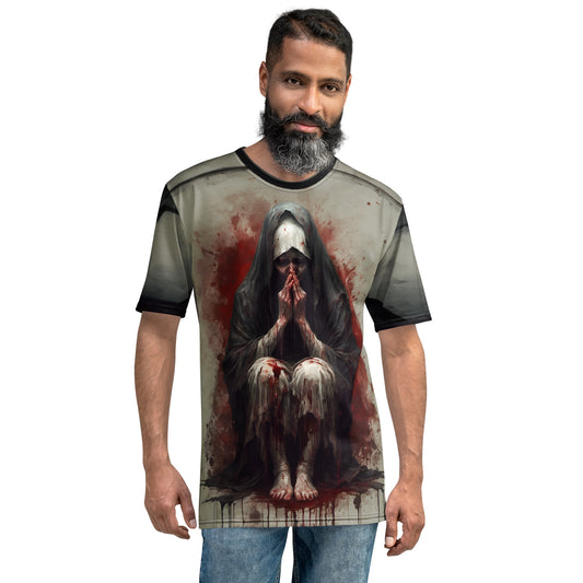 Praying Bloody Nun design on unisex T-shirt, front view