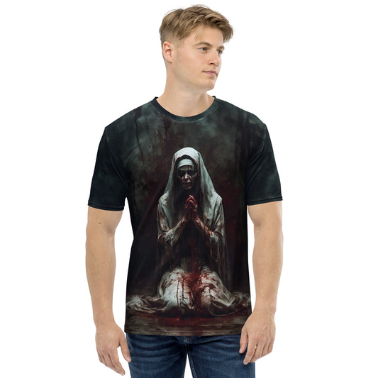 Kneeling Blasphemy Nun design on unisex T-shirt, front view