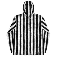 Distressed black and white vertical stripe jacket, back view