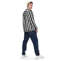 Distressed black and white vertical stripe jacket, back view