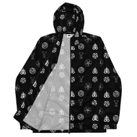 Demonology occult symbol patterned jacket, front view