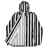Distressed black and white vertical stripe jacket, front view